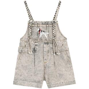 KEIKO 鬼马少女风编织背带牛仔裤春夏复古美式宽松薄款阔腿短裤子