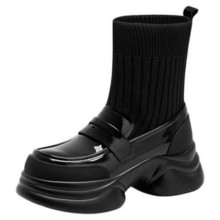 星期六厚底短靴女款2025新款冬季英伦风乐福鞋黑色瘦瘦弹力袜靴女