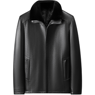 海宁真皮山羊皮男皮衣貂绒内胆皮毛一体翻领商务拉链加厚外套夹克