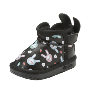 麦布熊女童皮靴黑色卡通雪地靴加绒加厚儿童鞋子冬季公主宝宝靴子