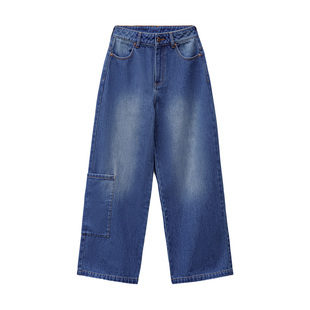 马登丹宁蓝色直筒拼接大口袋牛仔裤全纯棉阔腿工装长裤子女士秋冬