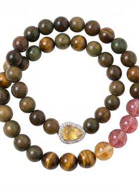 Nicole「枯木逢春」原创五行双圈绿檀手串草莓晶虎眼石木火土手链