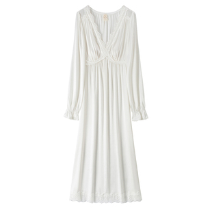 RoseTree冰丝睡裙女春秋季长袖长款V领蕾丝高级感法式睡衣带胸垫