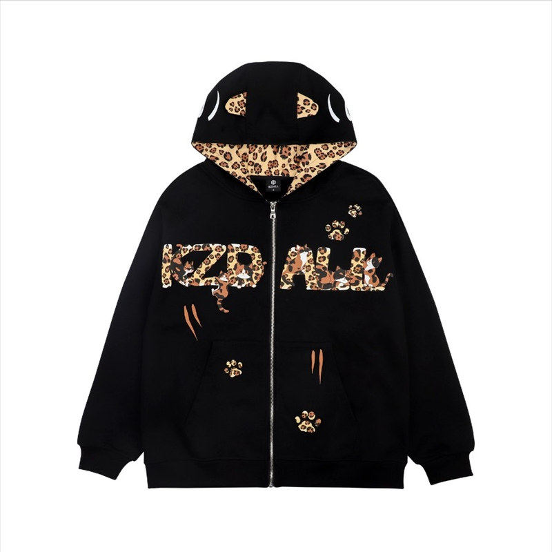 kzdall美式豹纹印花小猫连帽卫衣