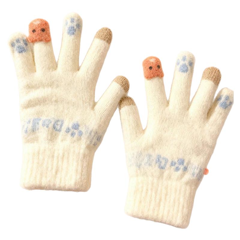 可爱毛绒针织手套女冬季2025新款保暖加厚学生可触屏骑车防寒防风
