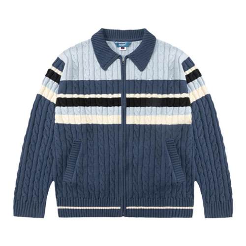 Unvesno (UN)麻花毛线条纹双头拉链开衫重磅保暖厚毛衣针织衫外套