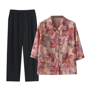 奶奶薄款夏装中袖衬衫中老年人开衫七分袖夏季套装70岁妈妈上衣服