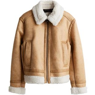 HM女装短外套冬季泰迪绒衬里气质加绒加厚保暖飞行员夹克1233164