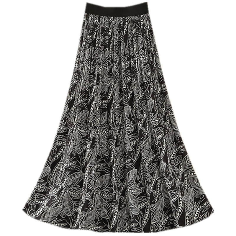 黑白色树叶印花雪纺半身裙女夏新款高腰大摆碎花a字裙百褶裙长裙