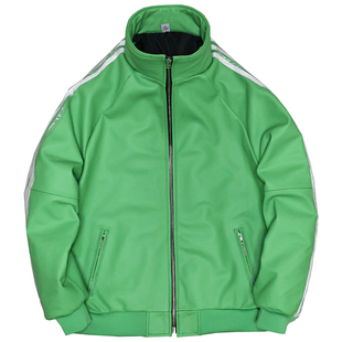 苹果绿头层牛皮真皮皮衣男女宽松显瘦立领廓版休闲运动夹克外套容