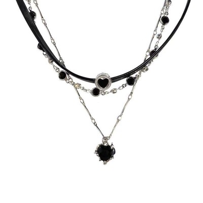 黑绳甜酷心多层叠戴项链
