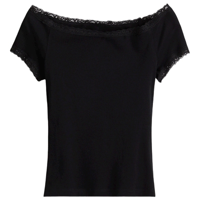 HM女装T恤春季一字领露肩修身短袖蕾丝边短上衣1292707