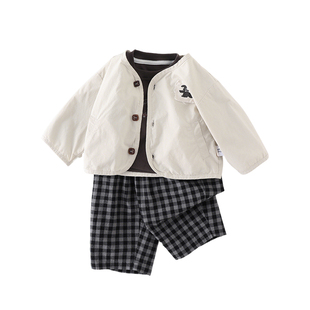 男童开衫格子套装春季2026新款婴幼童洋气运动两件套小男孩春装潮
