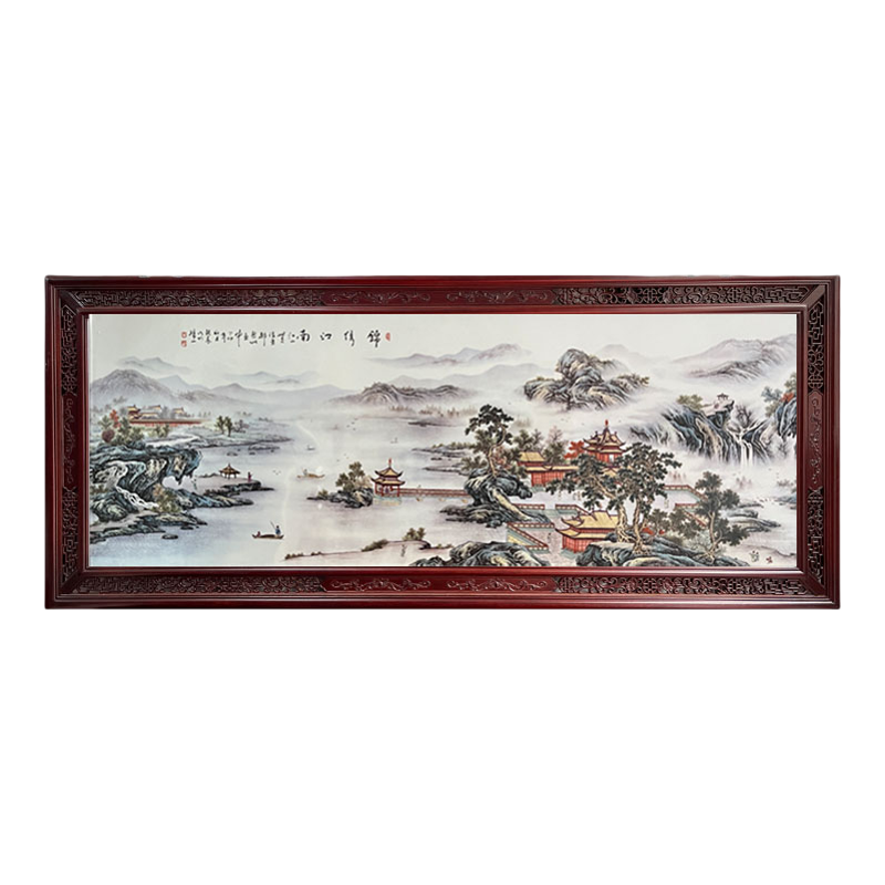 景德镇手绘瓷板画陶瓷中堂装饰画实木客厅挂画餐厅办公室挂屏中式