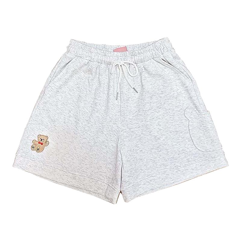 阔腿运动裤小熊刺绣夏季日系复古休闲短裤女宽松高腰显瘦五分裤子