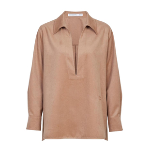 婉甸2025年冬季新品卡其色V领衬衫长袖优雅上衣女1244S07ZY2