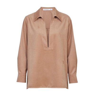 婉甸2025年冬季新品卡其色V领衬衫长袖优雅上衣女1244S07ZY2