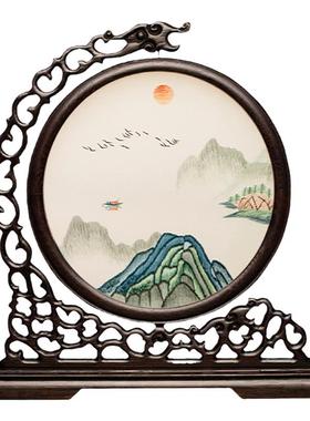 苏绣桌面屏风创意刺绣摆件中国风中式家居红木台屏手工双面绣摆台