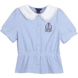 eland kids衣恋童装女童衬衫夏新品娃娃领学院风收腰格子短袖上衣