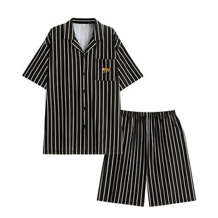 家乐芬睡衣男士夏季莫代尔短袖短裤家居服高级感黑色条纹夏款夏天