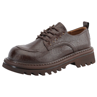 戈美其2025秋季新款棕色复古系带小皮鞋女学院风百搭厚底乐福鞋子