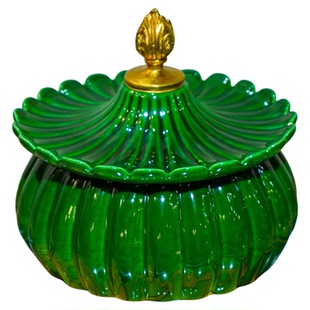 卡斯特兰祖母绿系列南瓜型盖盒铜配陶瓷罐桌面储物罐摆件C5635-B
