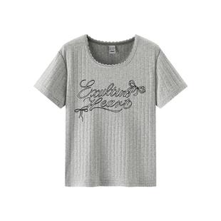 森马短袖T恤女短款字母花边修身正肩2025夏新款镂空提花上衣甜美