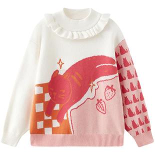 MQD童装女童毛衣2025秋冬季新款半高领针织衫毛线衣猫咪儿童上衣