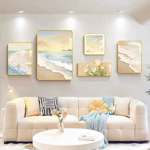奶油风客厅装饰画现代简约 山水花卉肌理纹背景墙画