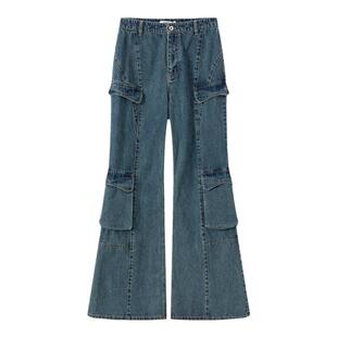 MARRMO/马髦春季新款复古多口袋设计感摩登轻甜休闲微喇牛仔长裤