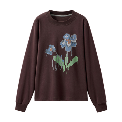 CLOUDSPACE【花影T】莱赛尔天丝印花长袖女T恤2025秋正肩显瘦上衣