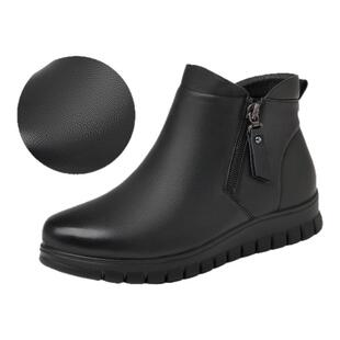 奥康真皮妈妈鞋冬季加绒保暖平底短靴软底皮鞋女中老年舒适女棉鞋