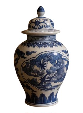 景德镇陶瓷器仿古青花龙纹茶叶罐带盖储物罐博古架老物件收藏摆件