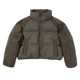 CountryMoment灯芯绒拼接袖立领羽绒服女2025新短款90白鸭绒外套