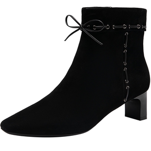 natursun高跟弹力靴女春季休闲百搭粗跟气质美拉德时装靴黑春季