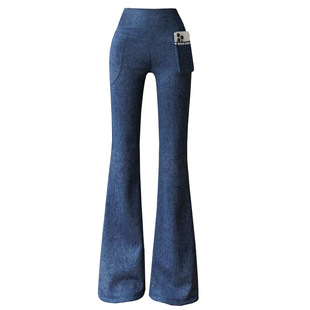 高弹仿牛仔微喇裤女外穿高腰双口袋鲨鱼喇叭裤收腹提臀瑜伽打底裤