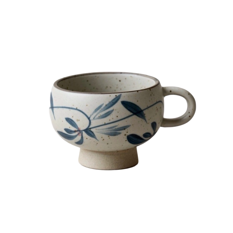 手作高足粗陶青花复古咖啡杯