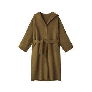 兽王毛呢大衣女中长款连帽秋冬新款羊毛廓形呢子双面呢外套