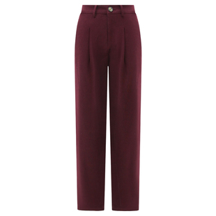 COCOBELLA气质通勤酒红色打褶西裤简约休闲毛呢裤PA149