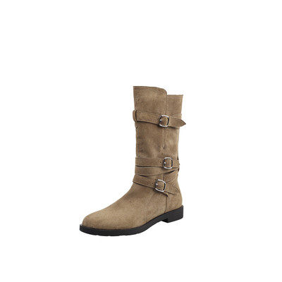 显瘦中筒皮带扣平底沙丘风马丁靴