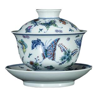 钟家窑盖碗 景德镇茶具纯手绘青花斗彩百蝶图三才盖碗茶杯泡茶碗
