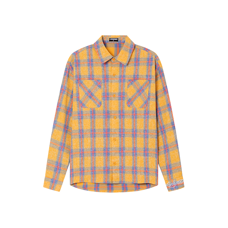 FORNINES撞色格子刺绣长袖衬衫男女情侣潮牌上衣春秋美式高街外套