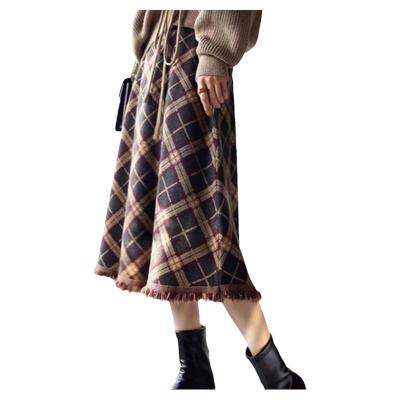 秋冬加厚复古大摆格子毛线针织裙