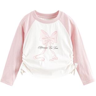 马克珍妮女童甜酷少女长袖抽褶T恤 儿童蝴蝶印花上衣春夏装250167