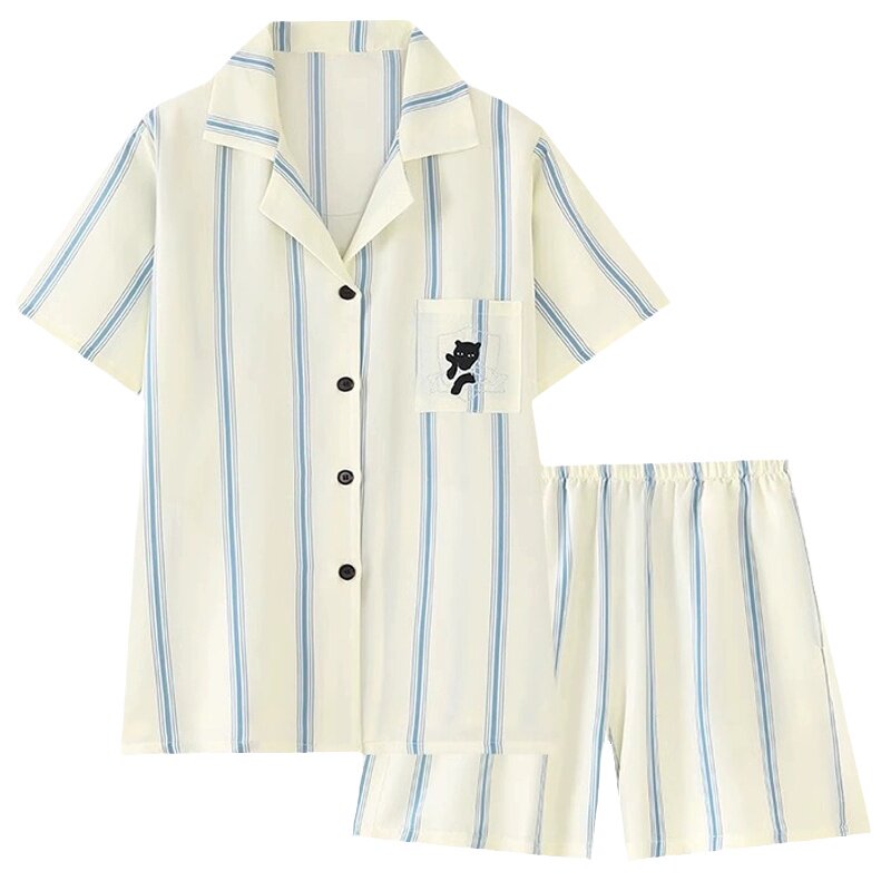 2025新款口袋刺绣双层纯棉纱睡衣女春夏可外穿短袖长裤家居服套装