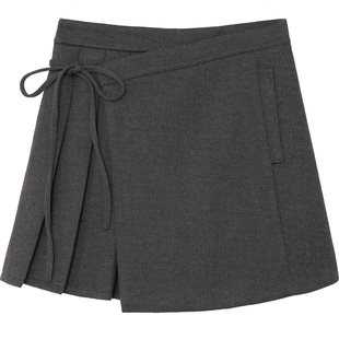 设计感不对称毛呢半身裙高腰A字绑带百褶裙简约气质显瘦呢子短裙