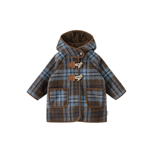 INSbobo童装儿童外套毛呢大衣女童加绒衣服男童格纹上衣连帽冬装