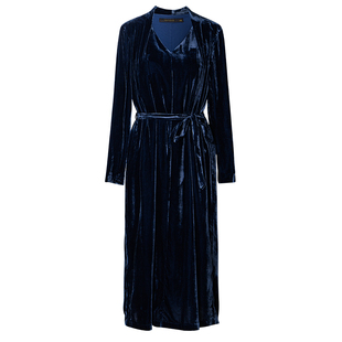 罗衣V领系带复古丝绒连衣裙女秋冬优雅年会婚礼收腰中长裙子12755