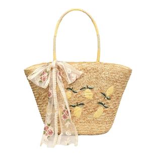 左杏 手工包柠檬刺绣草编包大容量手提编织包法式单肩海边度假包