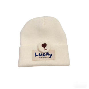 婴儿帽子秋冬季小月龄针织帽0-6个月简约字母贴标保暖套头毛线帽